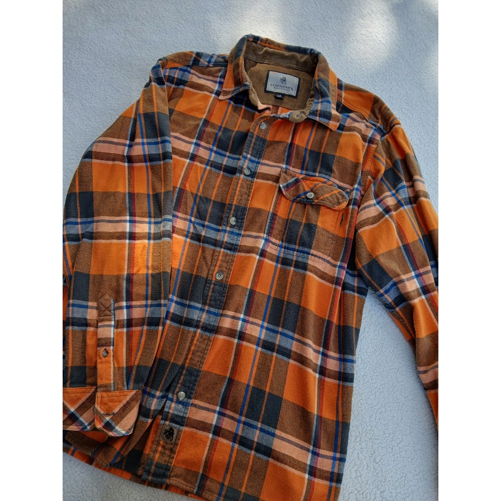Legendary‎ Whitetails Flannel Shirt Mens Large Orange Plaid Corduroy Collar